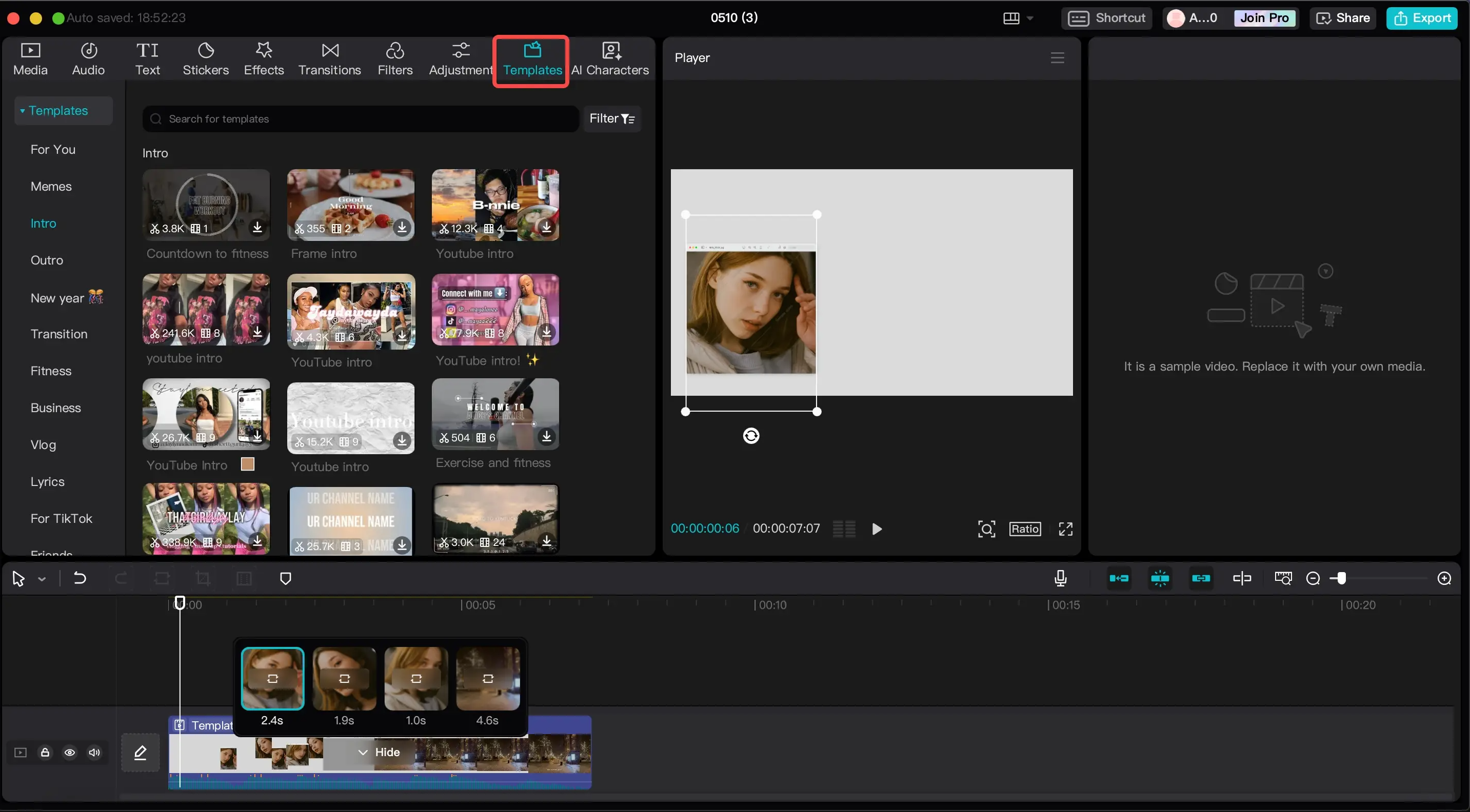Screenshot of selecting a CapCut template from the template library after signing up and creating a project