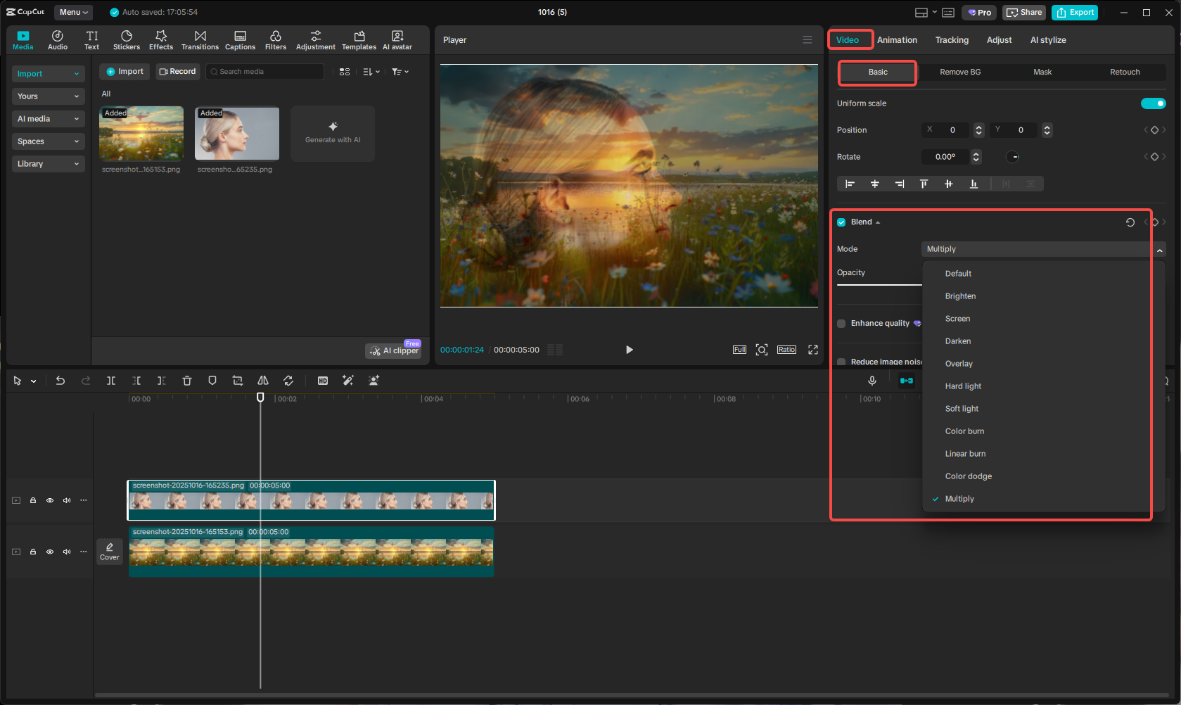 Merge the images using blend feature in CapCut