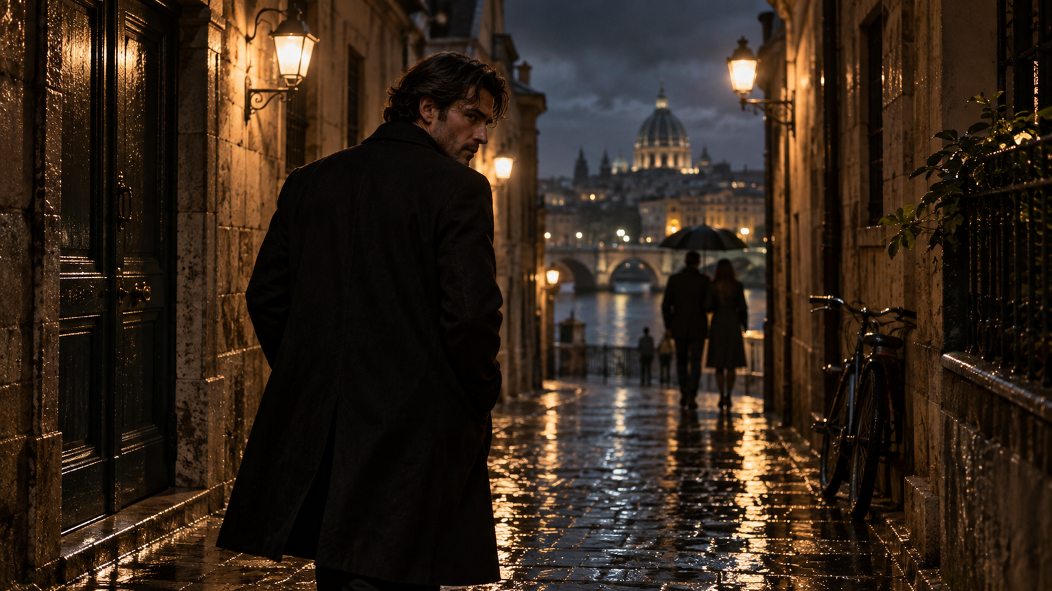 mafia boss AI photo prompts: Rainy Old-City Arrival
