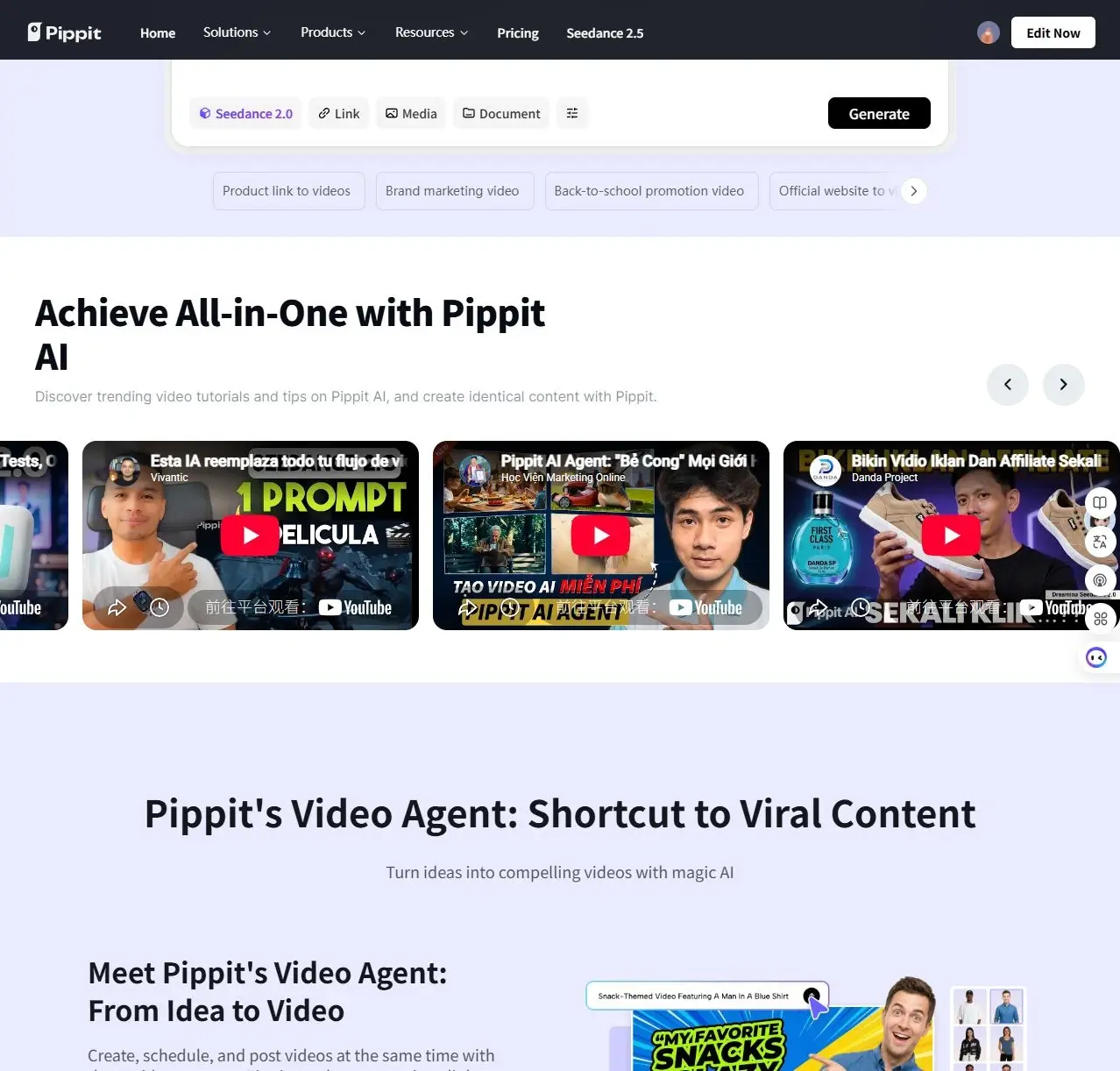 Вебсторінка Pippit із розділом про відеоагента на базі AI, ескізами відео і великим заголовком про вірусний контент