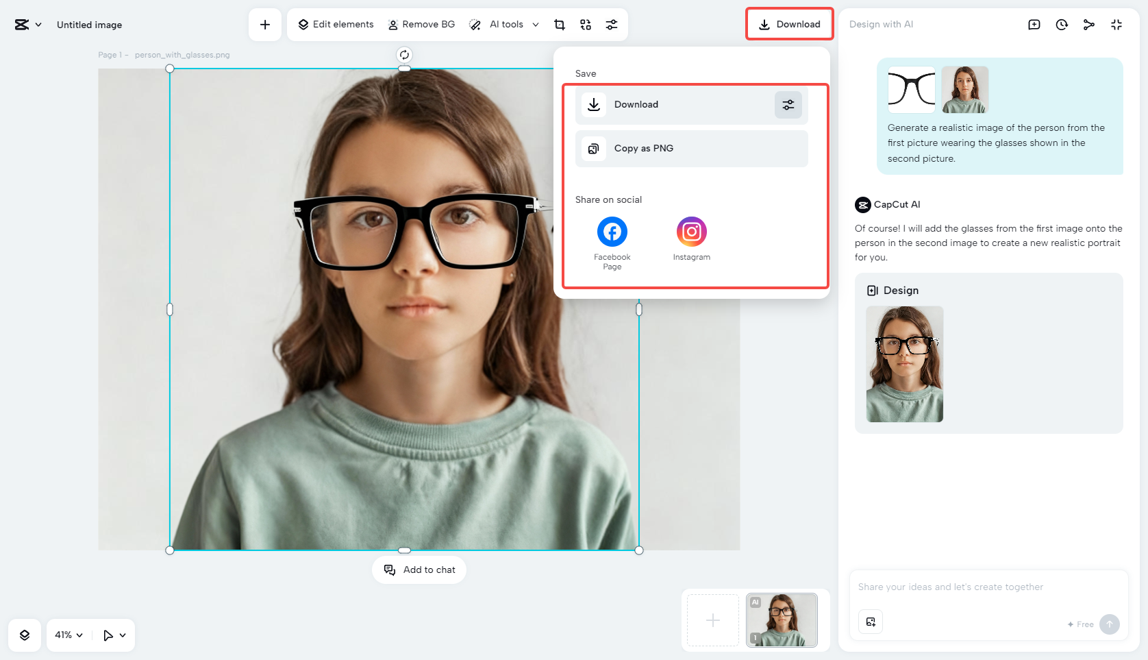 Exporting a virtual eyeglasses try-on photo in CapCut
