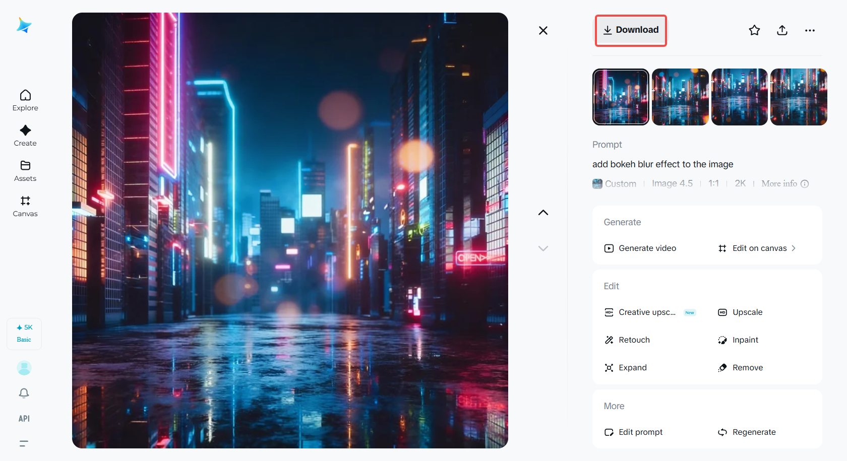 Downloading the blurred photo in Dreamina