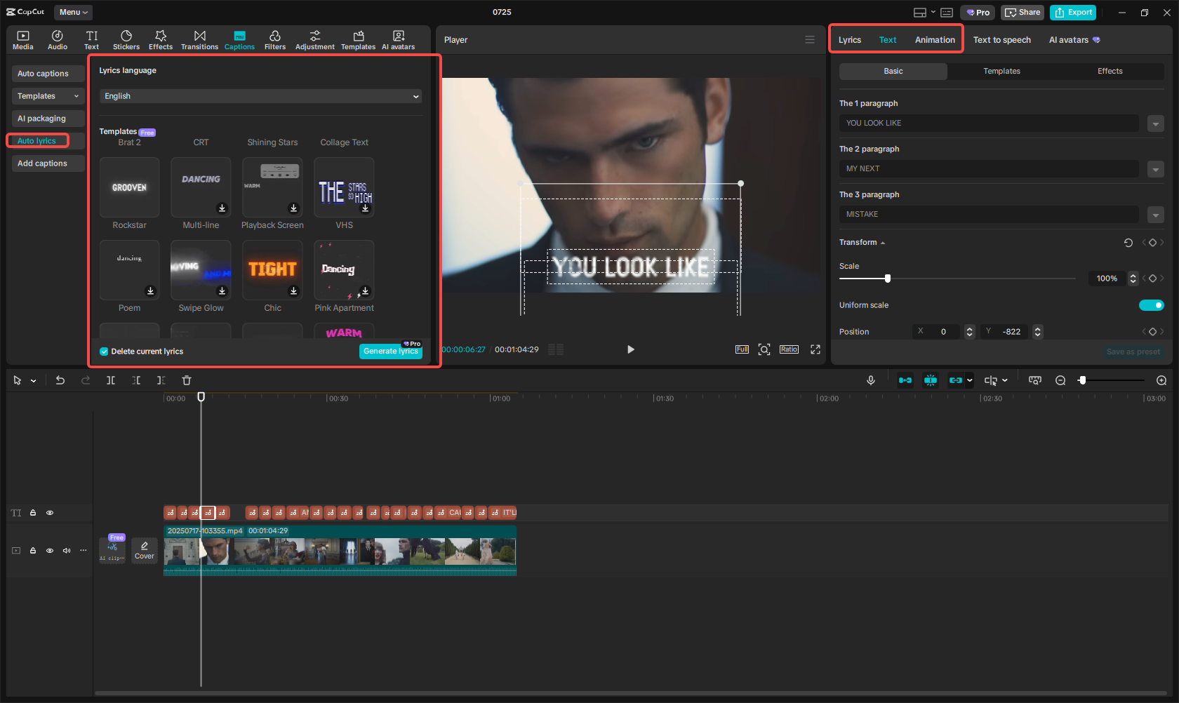 Apply the lyric template to add lyrics