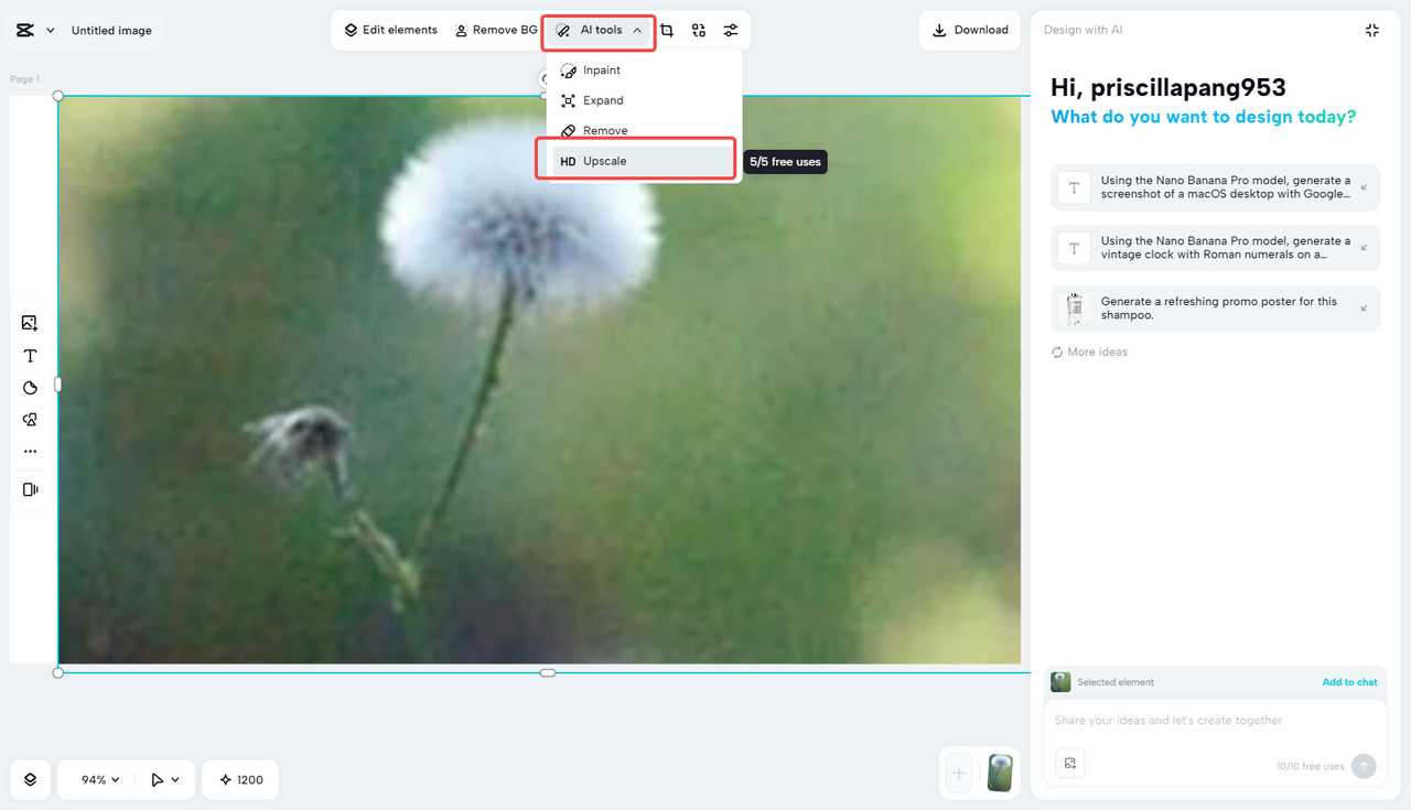 Use the upscale tool to enhance the image