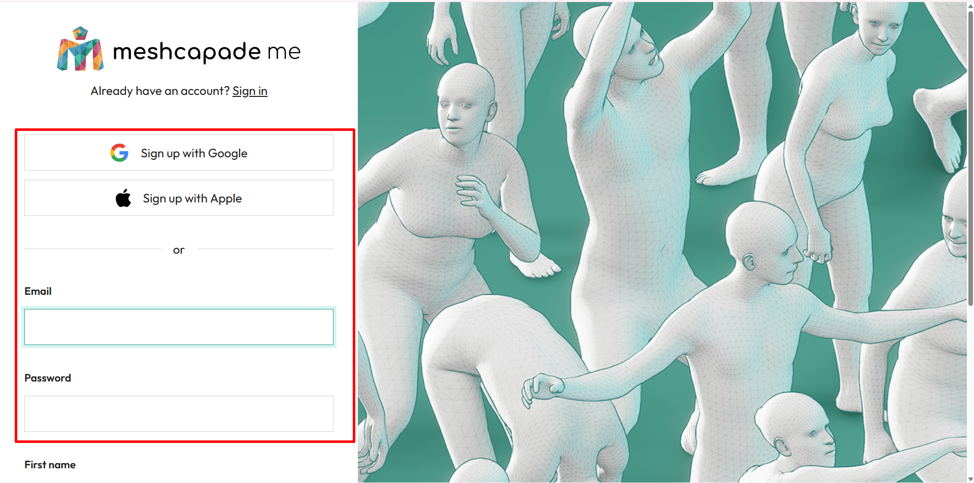 Crearea unui cont în Meshcapade