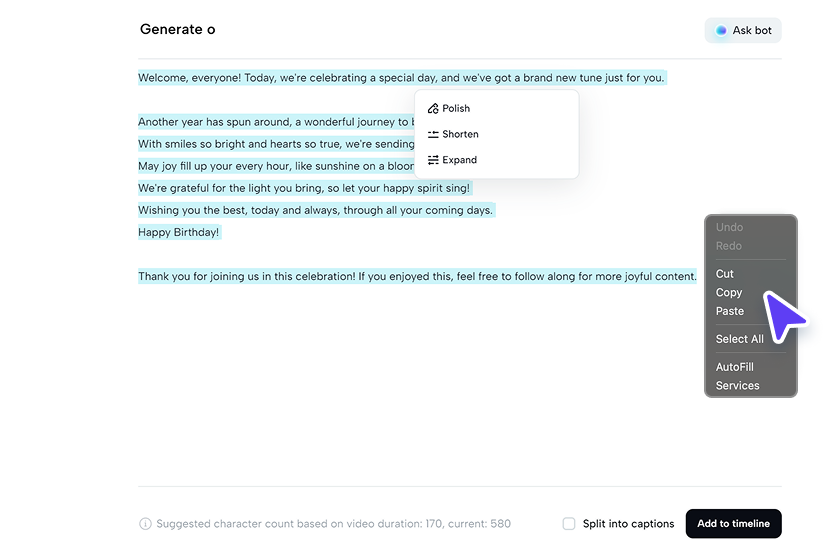 Copying the generated lyrics to use in a project