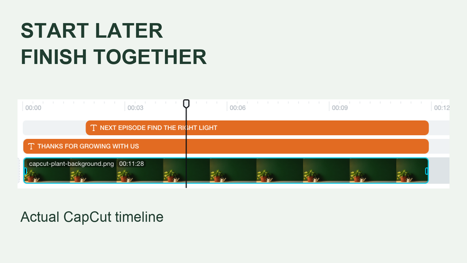 Magnified actual CapCut timeline tracks showing a later start for the next title and aligned ends for all three layers