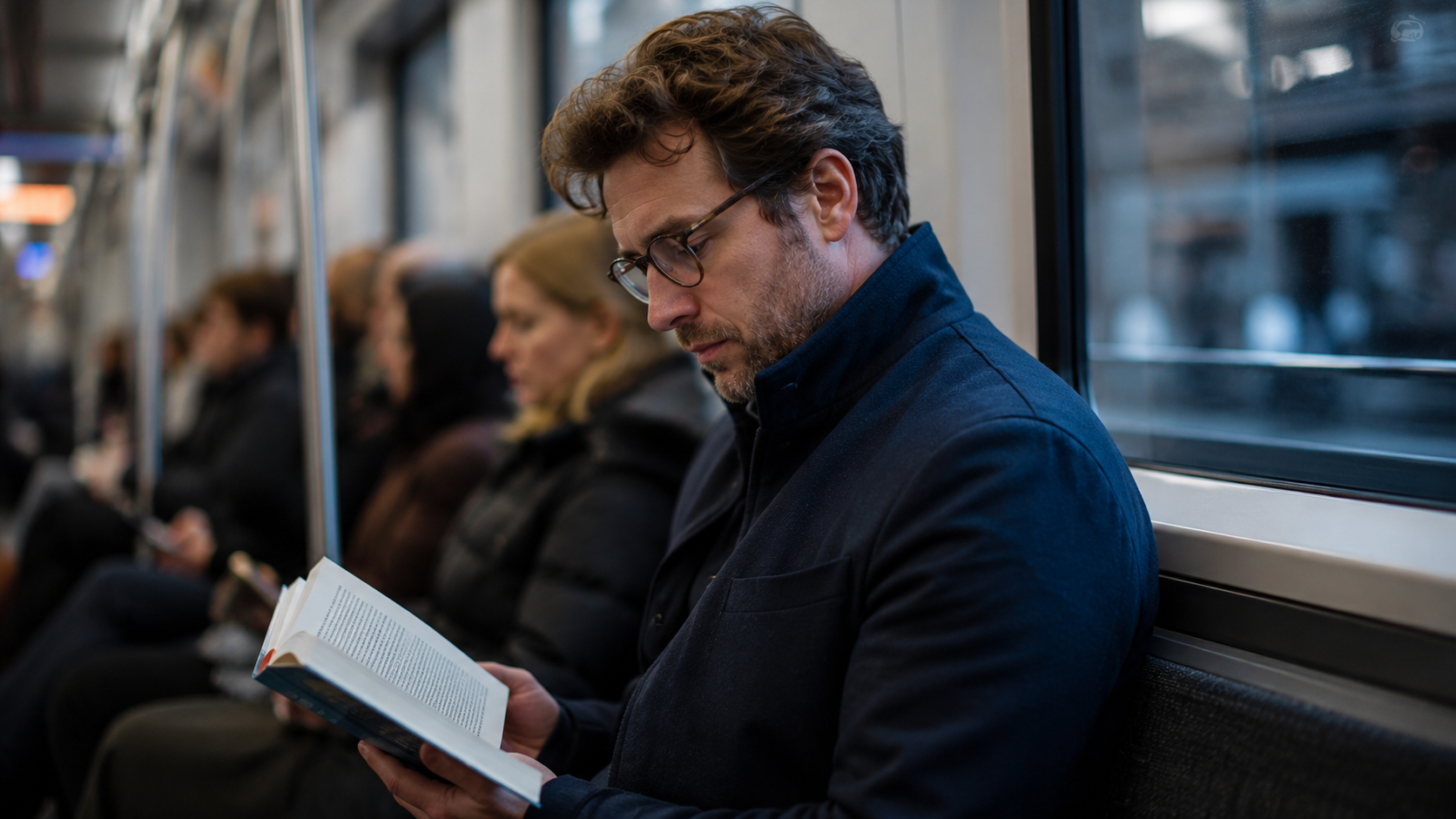 Man reading on train