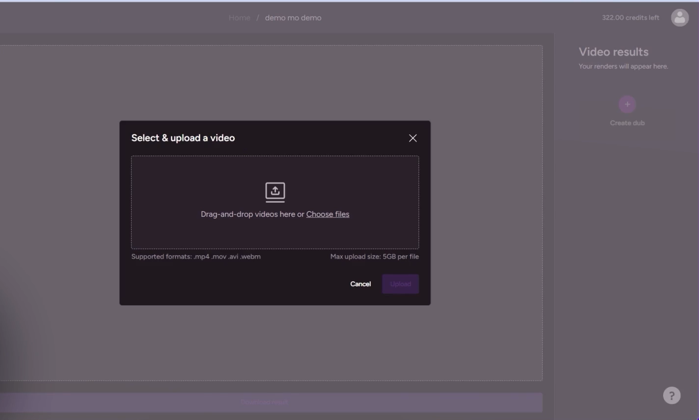 Interface of LipDub AI - another free AI lip sync video tool