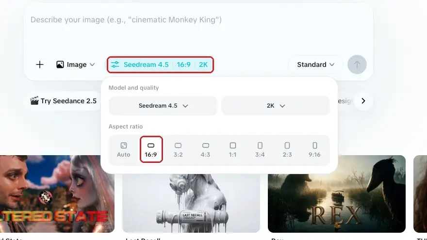 AI image editor interface with 16:9 aspect ratio and 2K quality selected