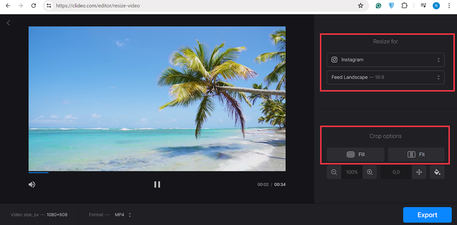 Interface of the Clideo - an easy-to-use online video reframer 