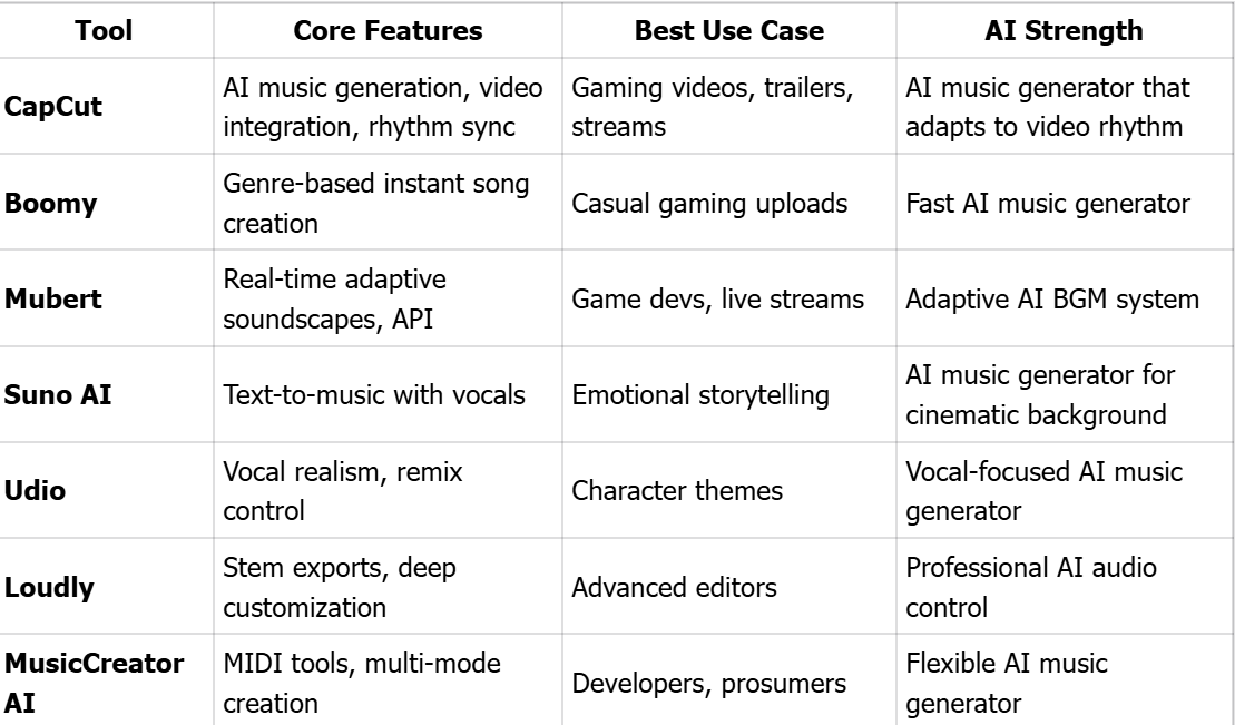 AI Music Tools Comparison Table