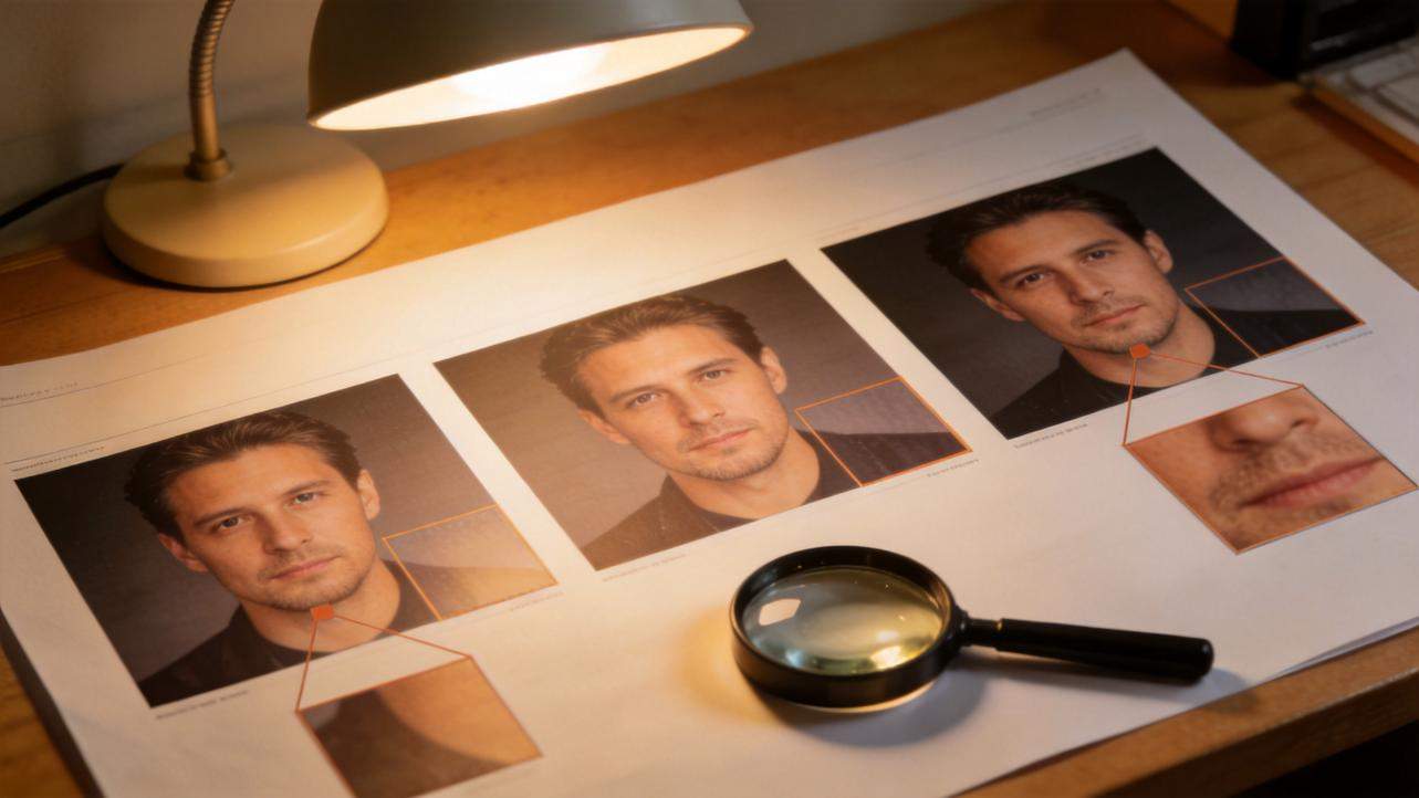 Printed portrait layouts with magnified close-ups under a desk lamp