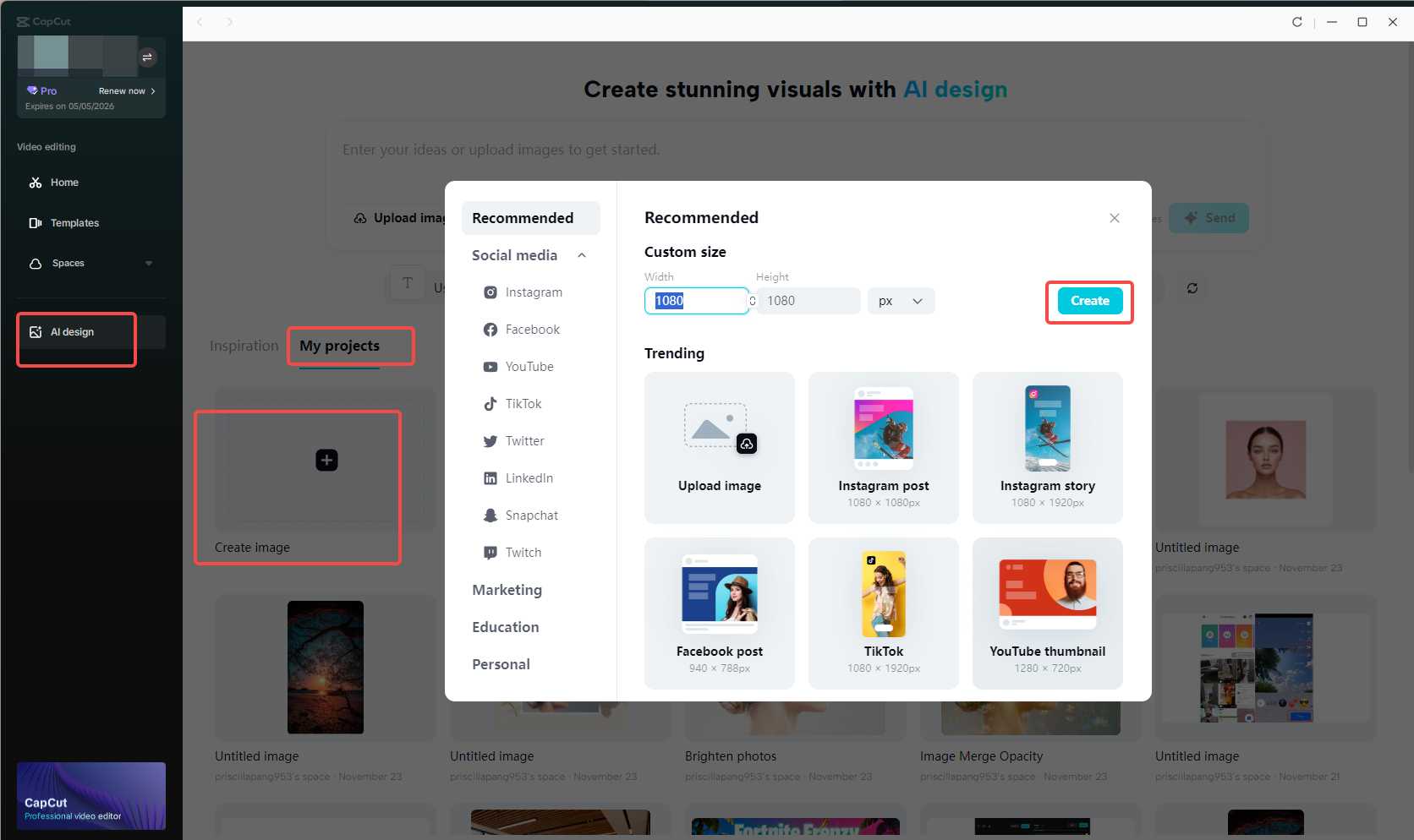 Accessing the AI design feature in CapCut