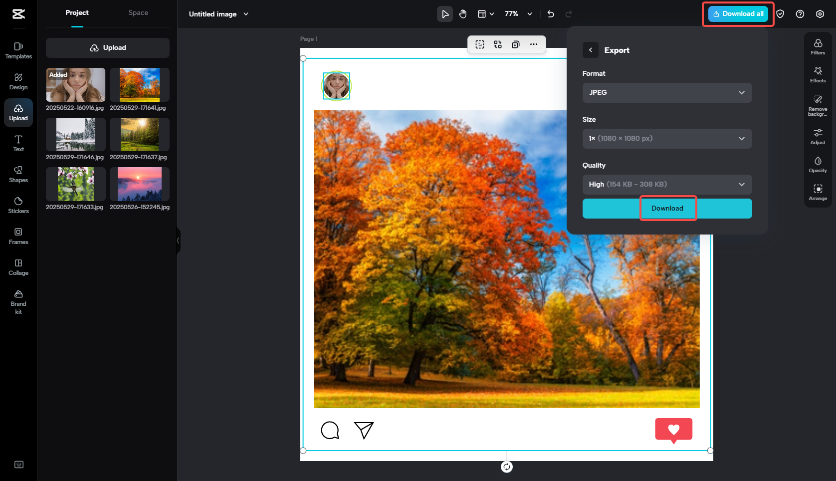 Exporting the image in CapCut