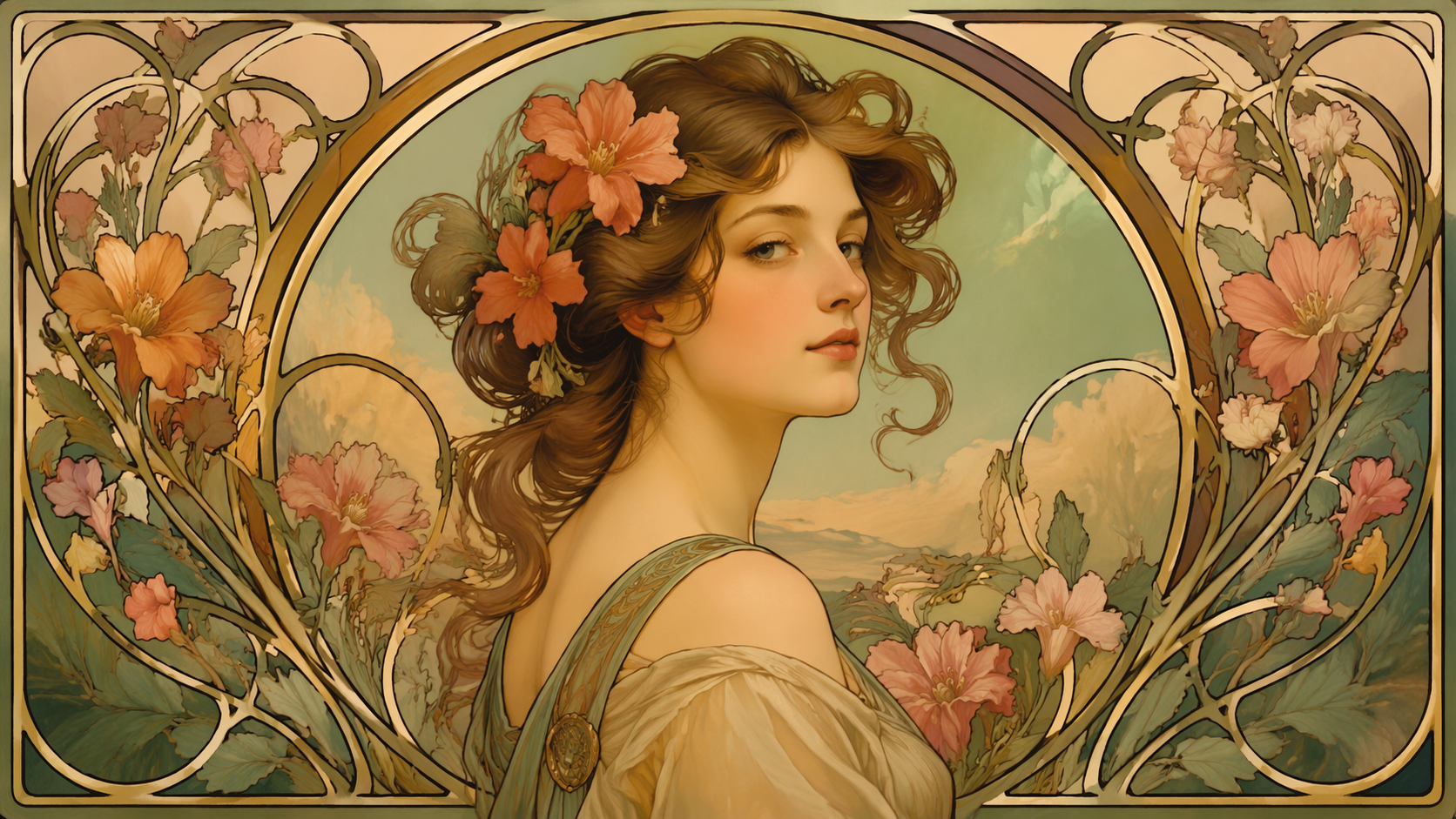 Dreamina Jugendstil Porträt Prompt Beispiel 1: Fließendes Blumenporträt