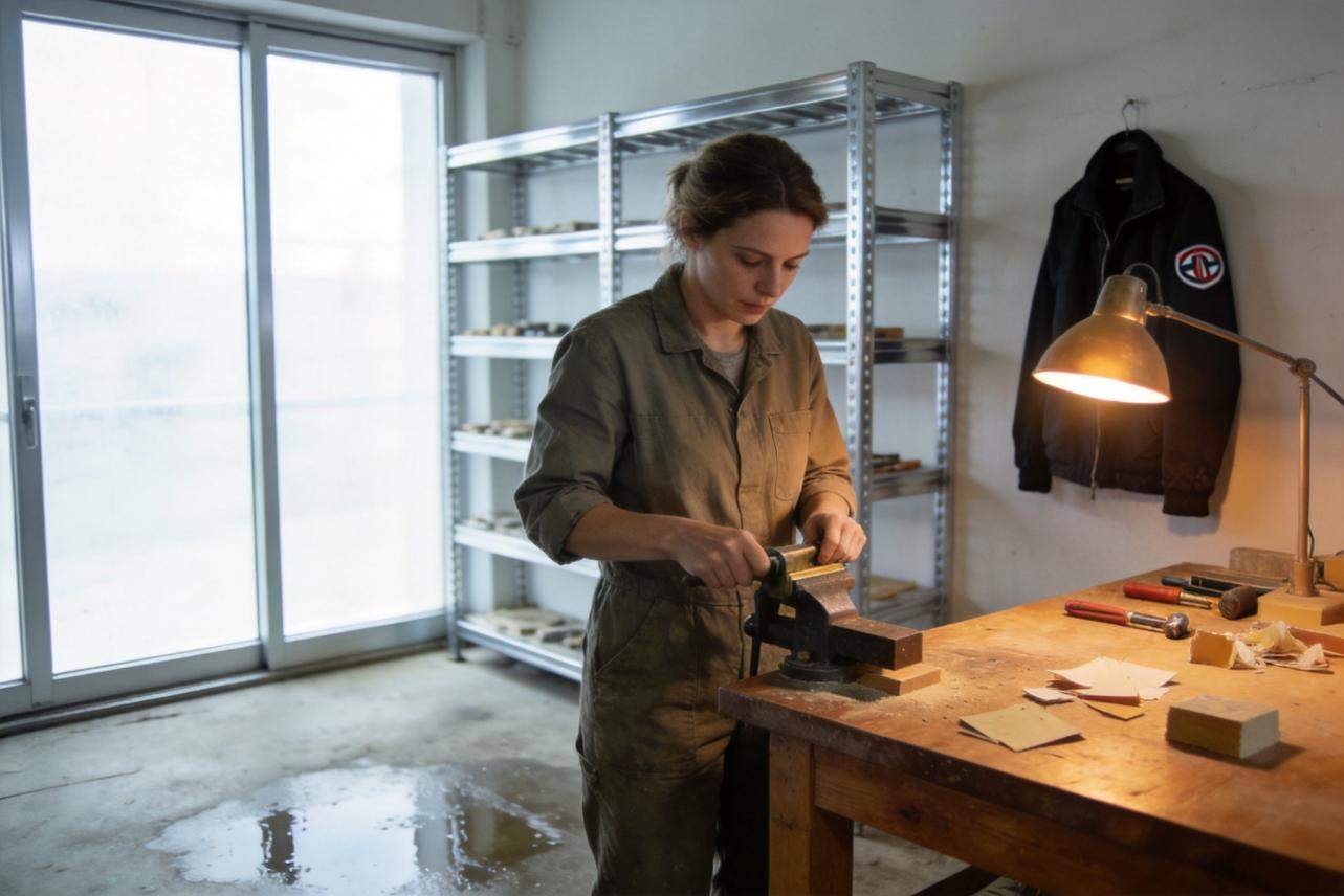 Woman in work overalls using a vise at a workshop bench under a desk lamp