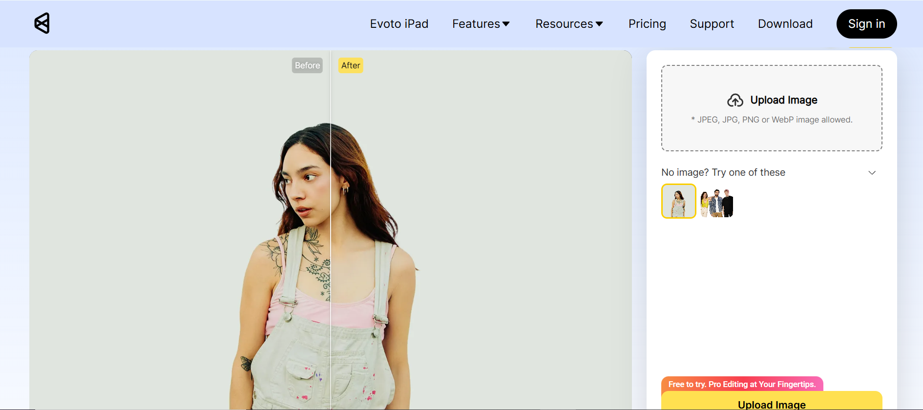 Evoto - bezplatný online editor fotografií krásy AI