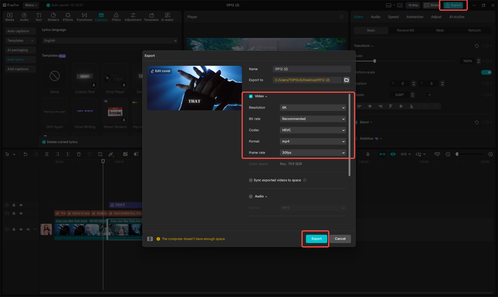 Export video in high resolution