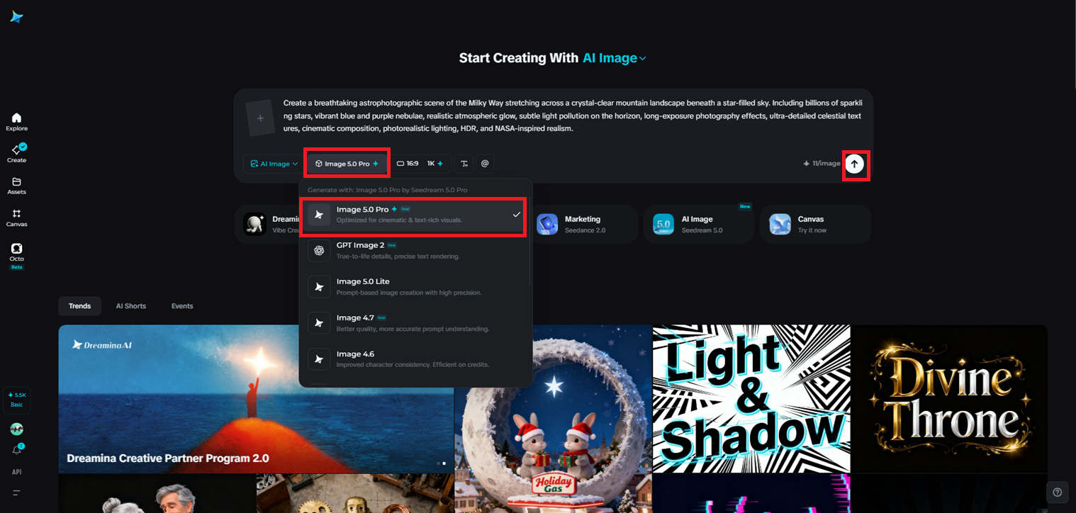 Choose Seedream 5.0 Pro and generate your image