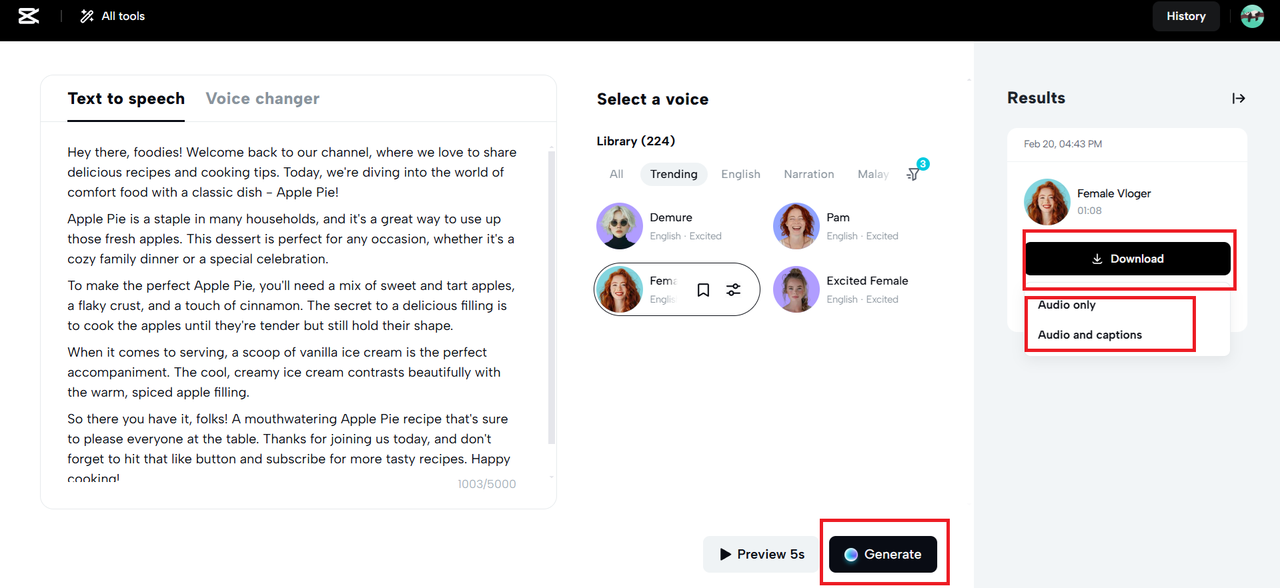 Hasilkan dan unduh opsi