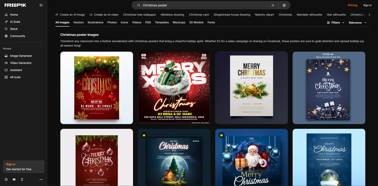 Interface of Freepik - an online resource for Christmas posters