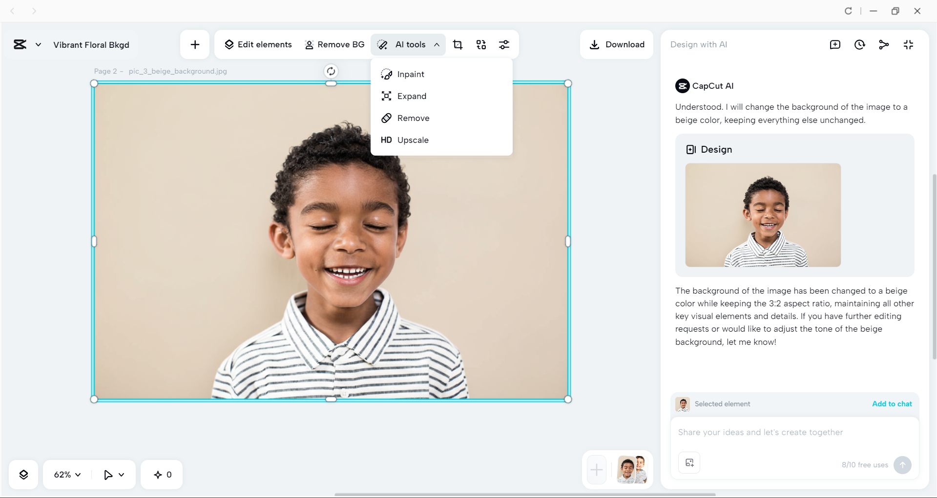 Interface of the CapCut desktop video editor - a tool to edit photos with a background