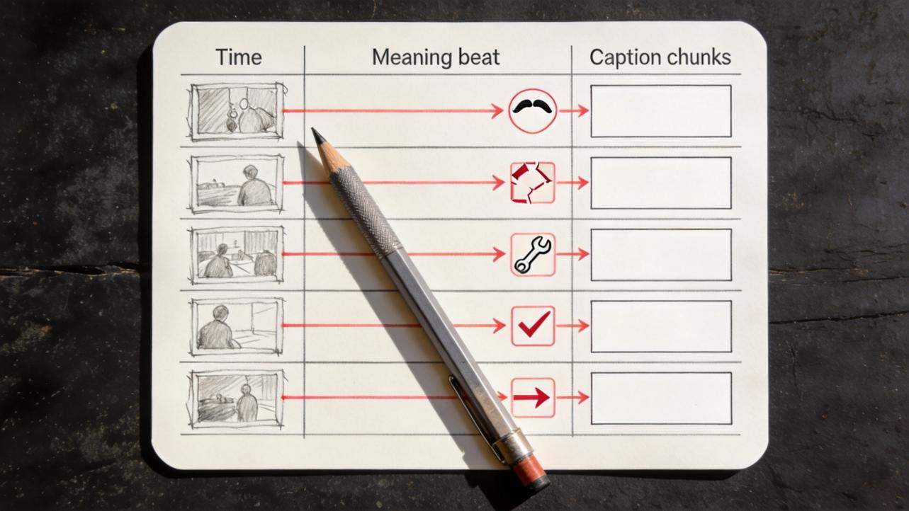 Chart showing Time, Meaning beat, and Caption chunks with sketch frames, red arrows, and a pencil laid across it