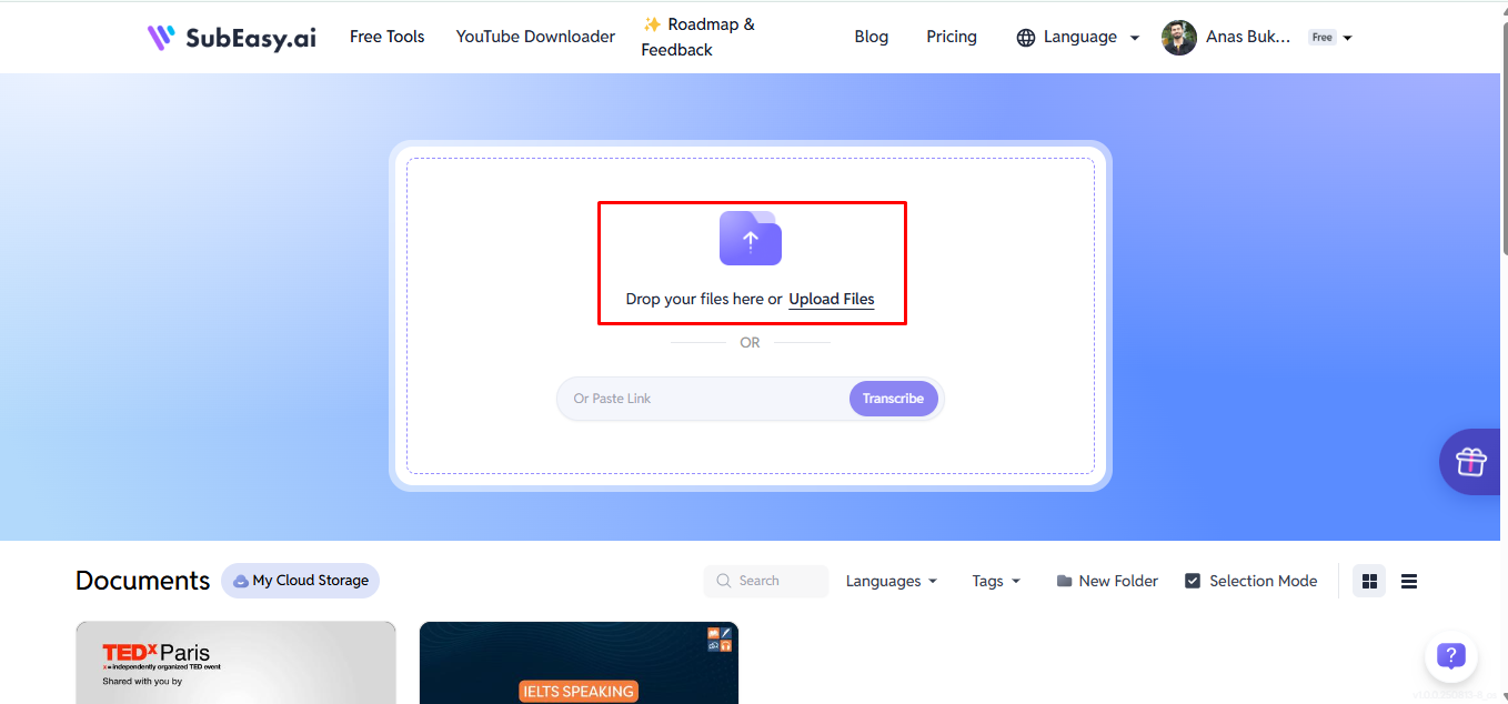 Immagine che mostra come caricare file su SubEasy AI