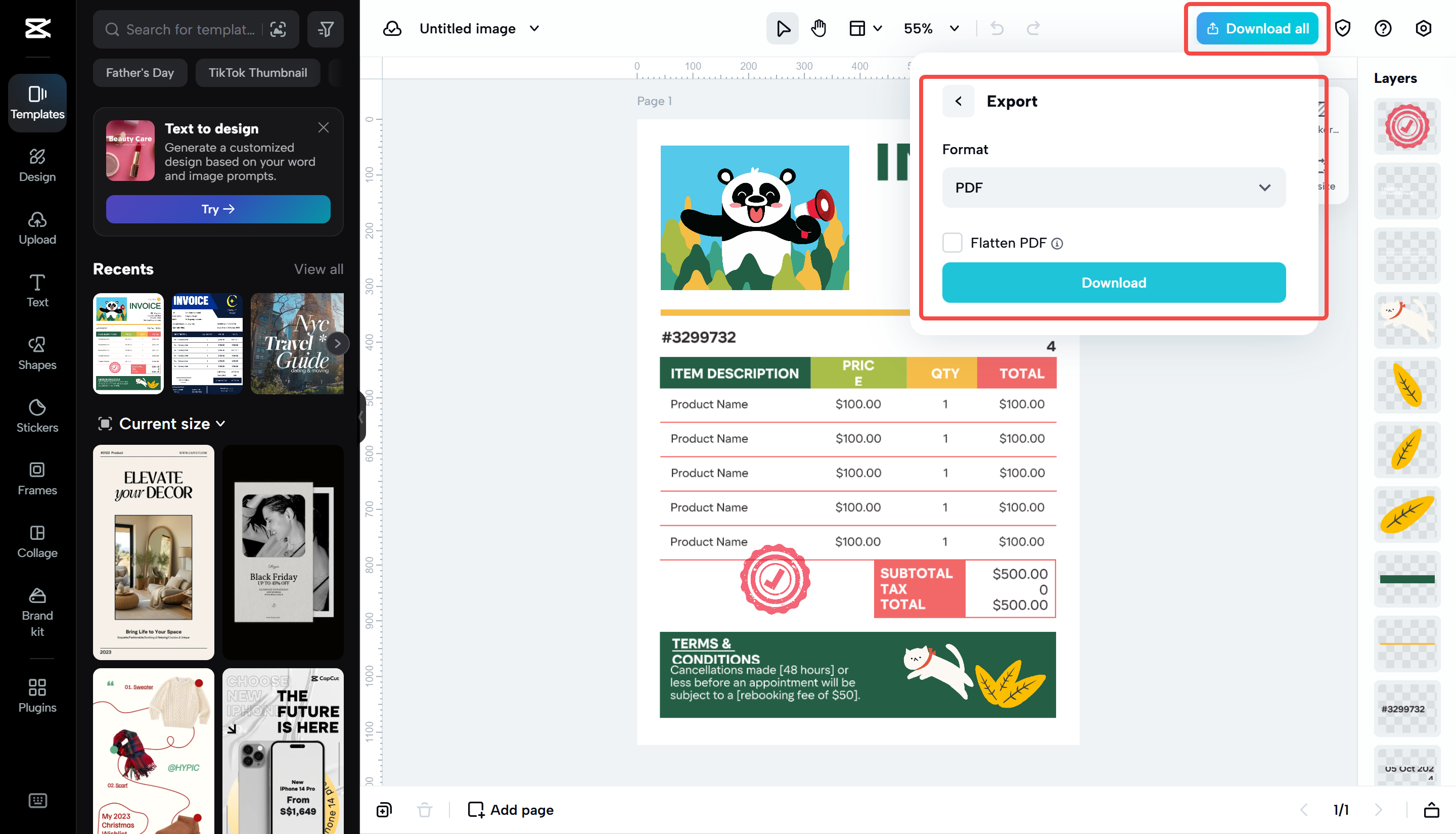 Exportando a fatura do CapCut Web