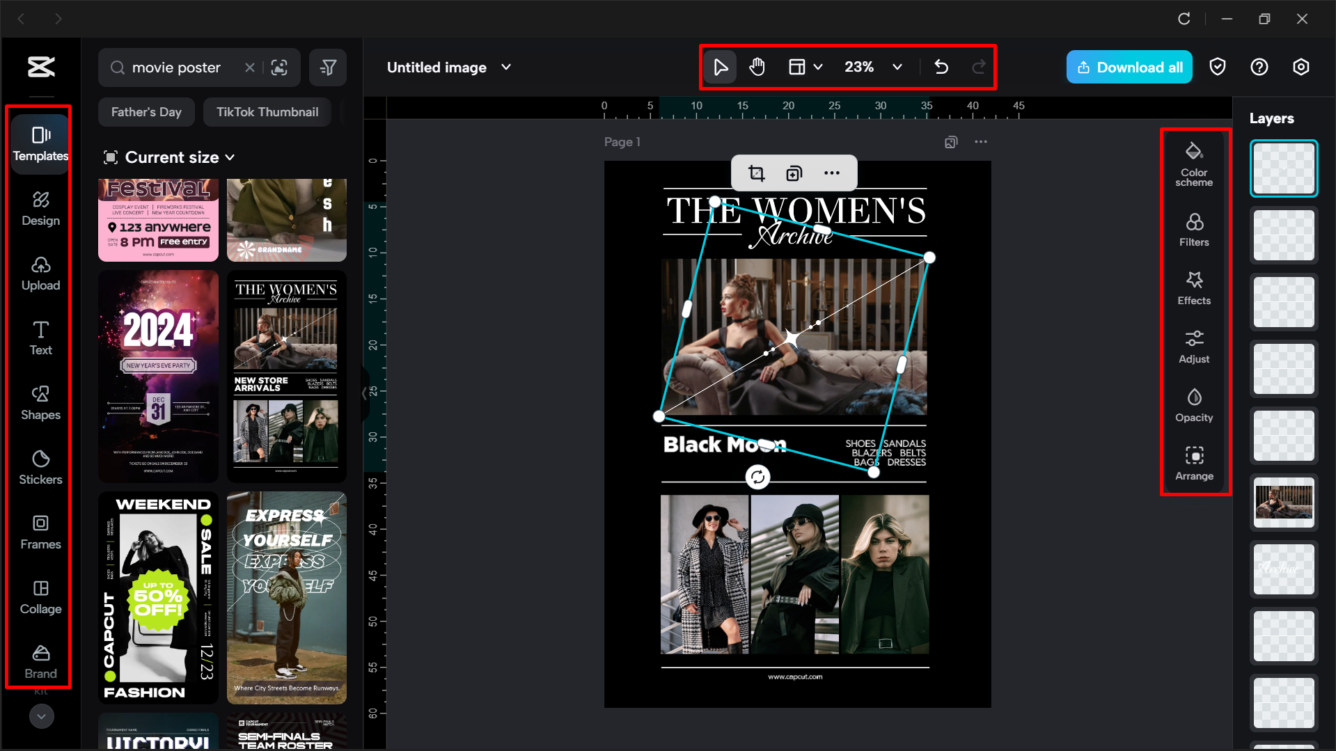 Editing the film template using tools in the CapCut desktop video editor
