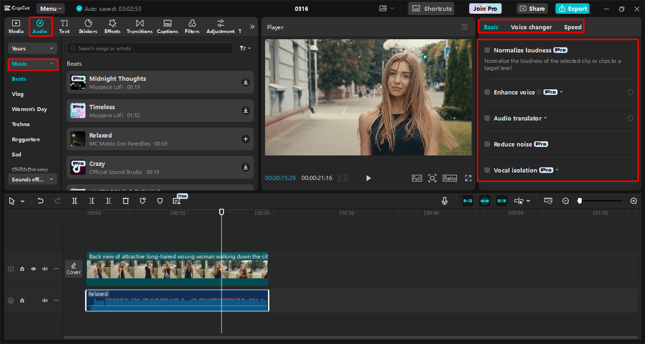 Adicionar e ajustar a trilha sonora ao editor de vídeo para desktop CapCut