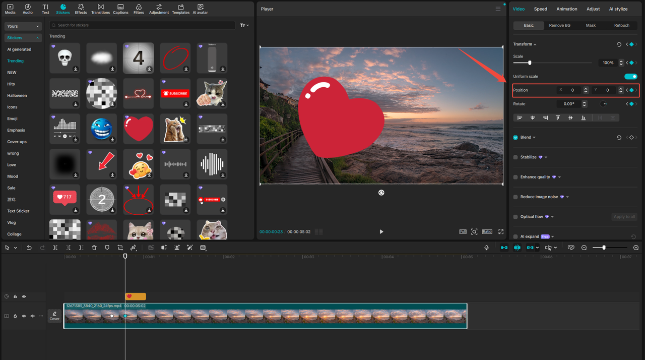 I fotogrammi chiave di posizione in CapCut PC