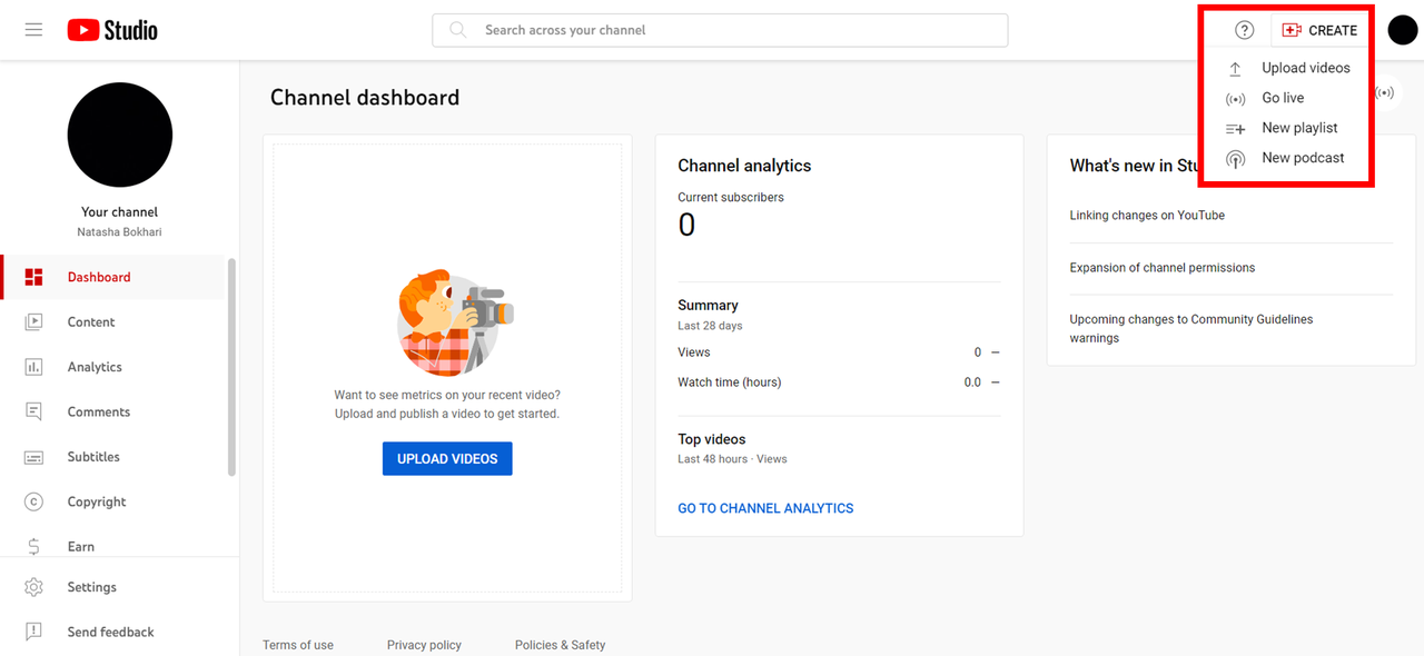Creator Studio account and click the Create option