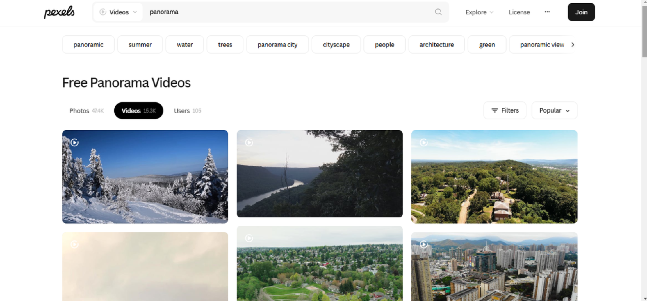 Antara muka Pexels dengan hasil carian video panorama