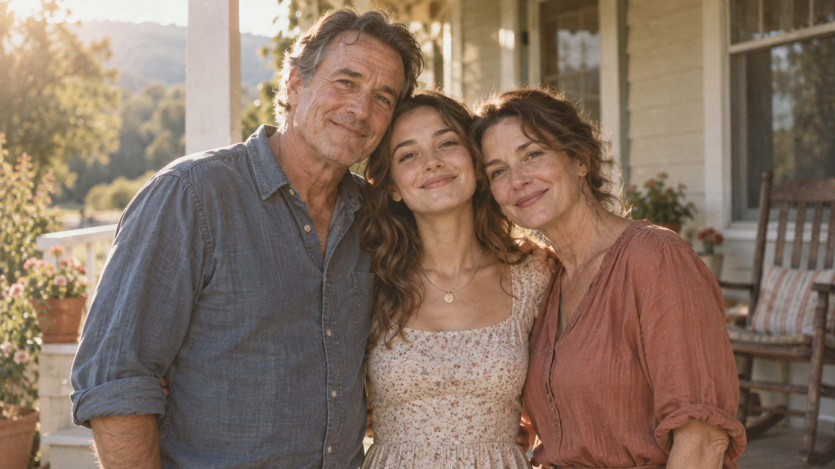 Portret de familie imaginat pe o verandă luminată de soare cu textură nostalgică a filmului