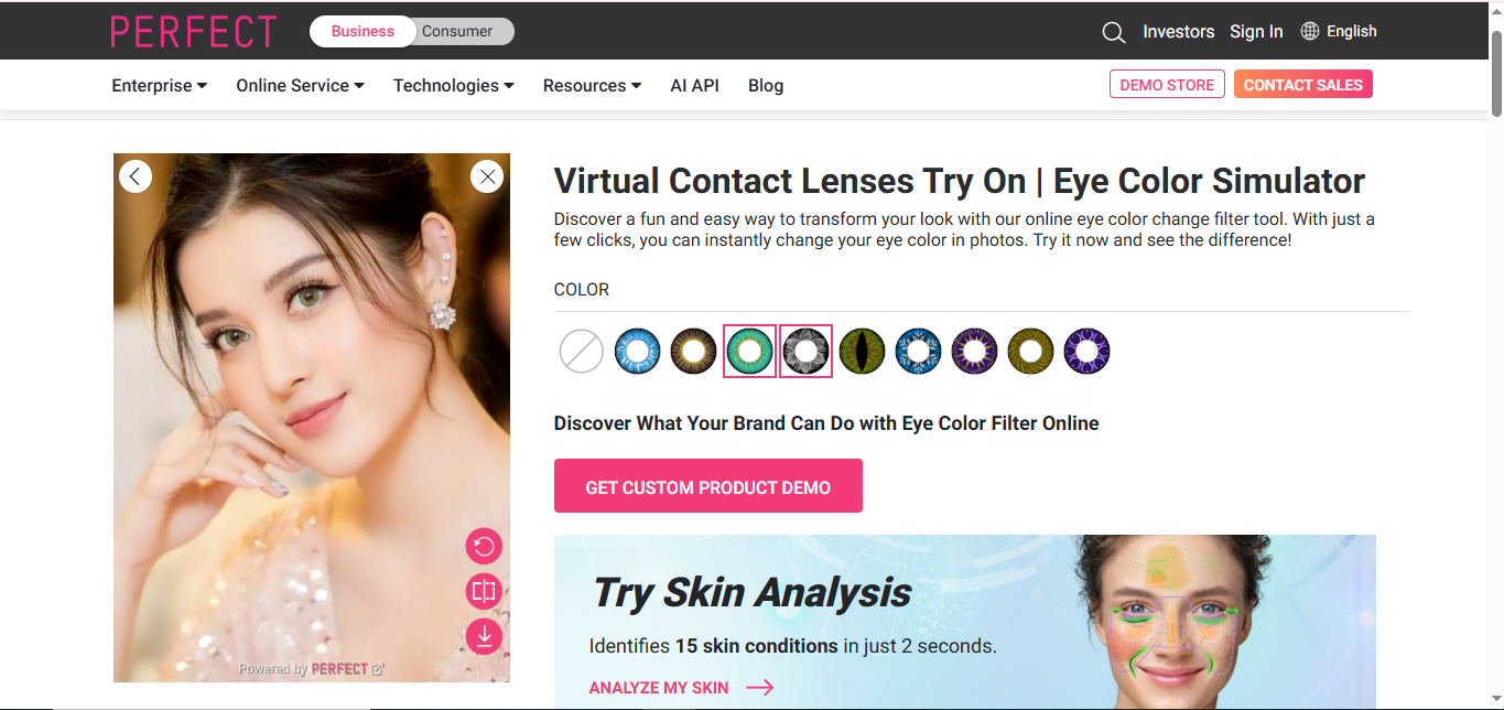 Interface of Perfect Corp - another best eye lens editor online