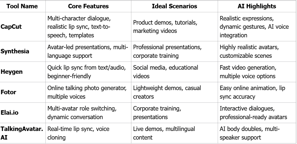 AI Dialogue Scene Tools Comparison Table