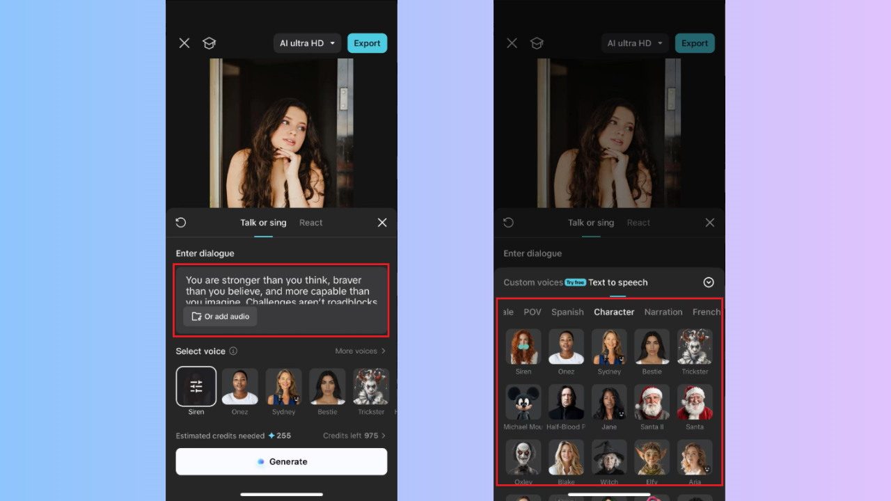 Add dialogue and select voice