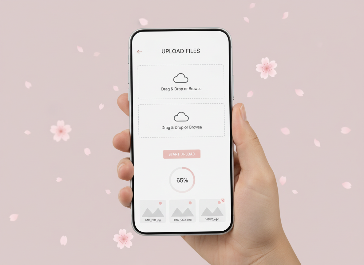 Phone mockup showing upload interface on soft pink background with sakura accents, generic UI