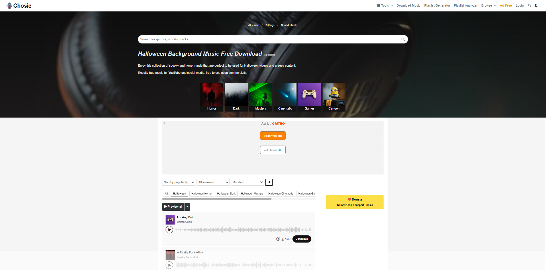 Interface of Chosic - a valuable place to find Halloween sound effects