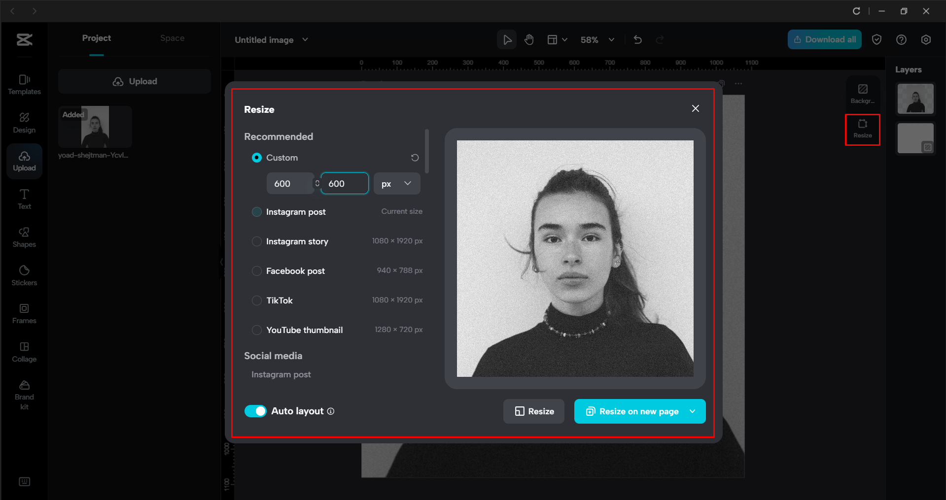 Resizing the passport image and adjusting colors with the CapCut desktop video editor