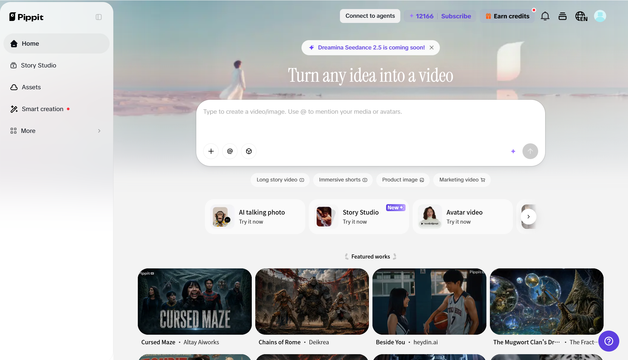 Pippit's AI video generator workspace
