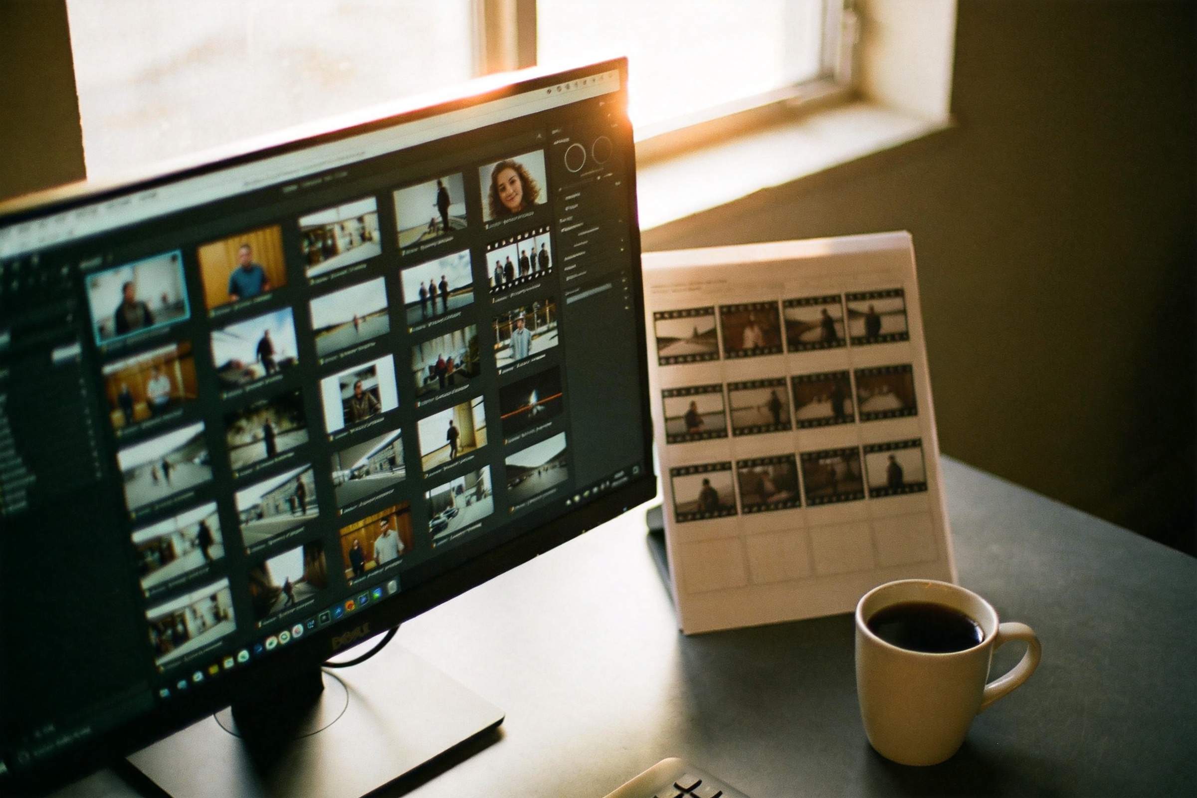 Desktop monitor showing a grid of video thumbnails beside a coffee cup and storyboard sheets