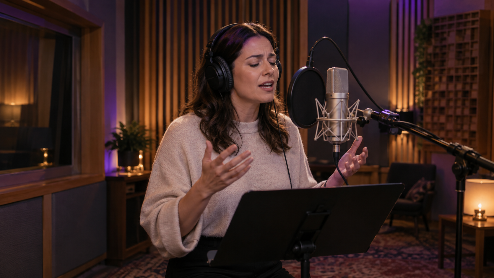 Female voice actor performing expressive dialogue in a warm professional recording booth