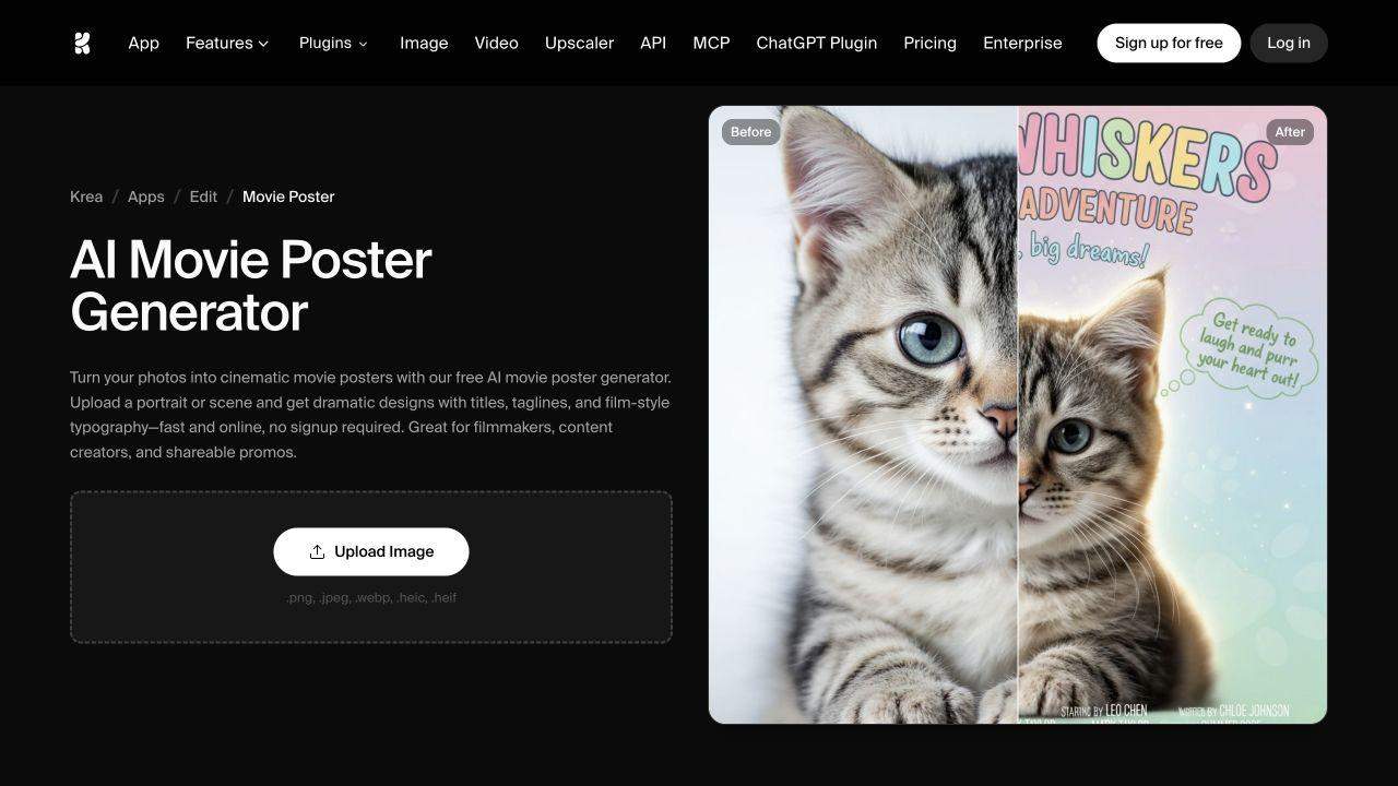 Krea IA Movie Poster Generator página mostrando Upload Image e um exemplo de fornecedor mudando uma foto de gato em um pôster colorido de Whiskers Adventure