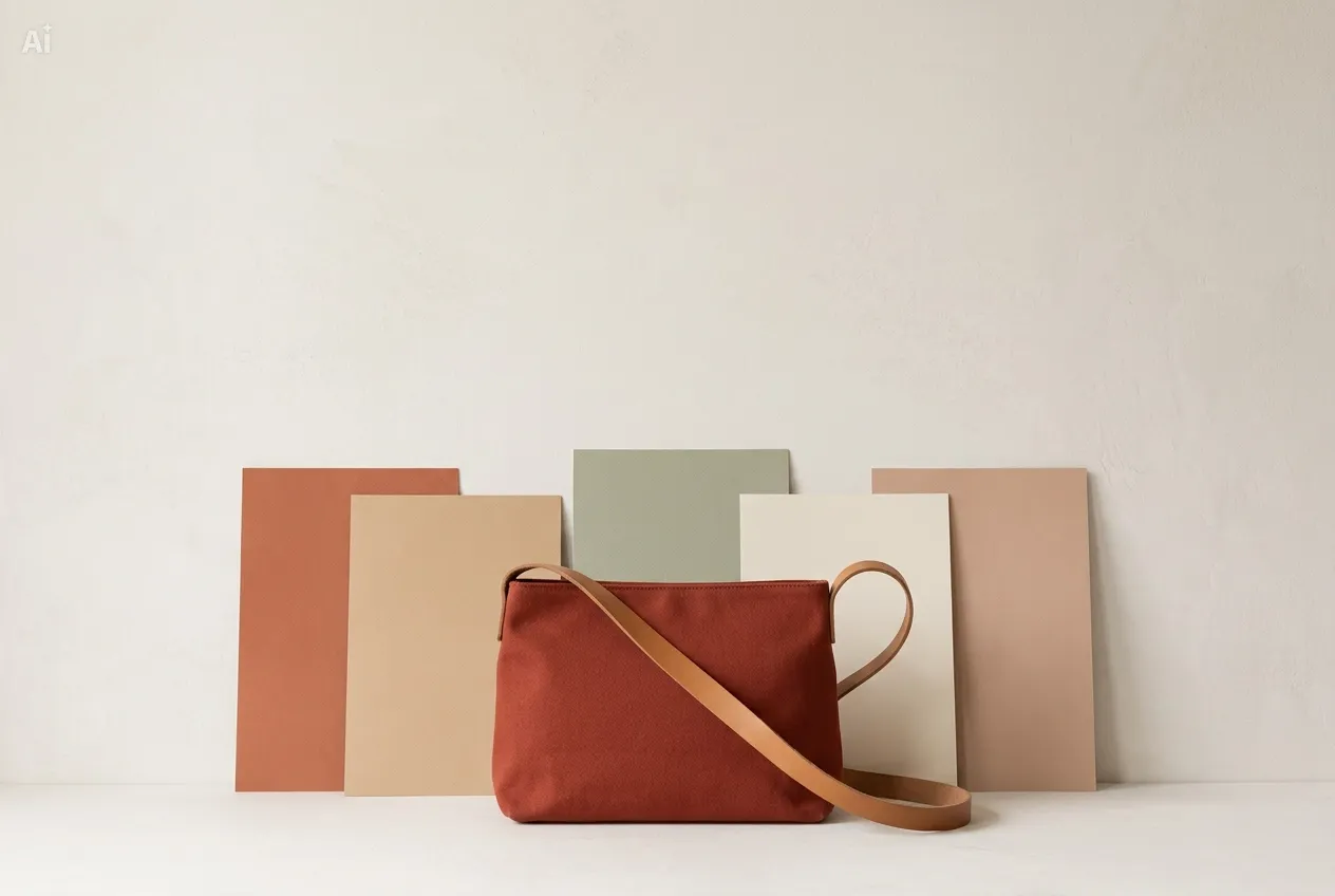 A rust-red canvas bag in front of five muted autumn color panels