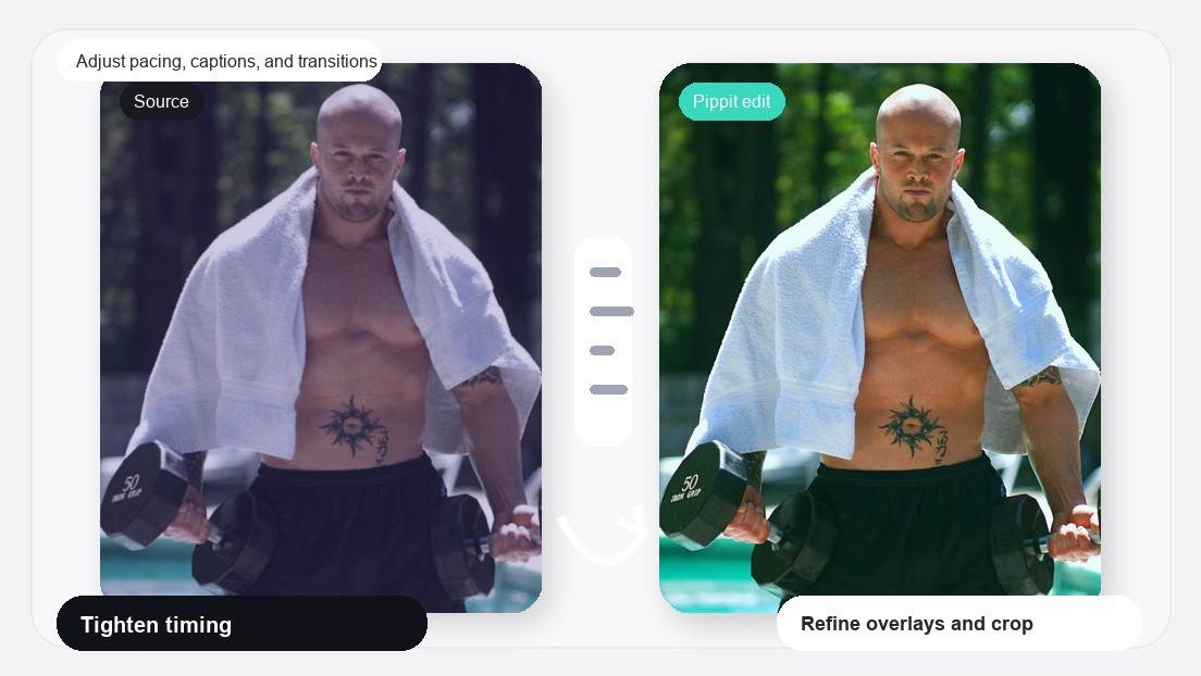 Before And After Transformation Video Maker realistic image for adjust pacing, captions, and transitions