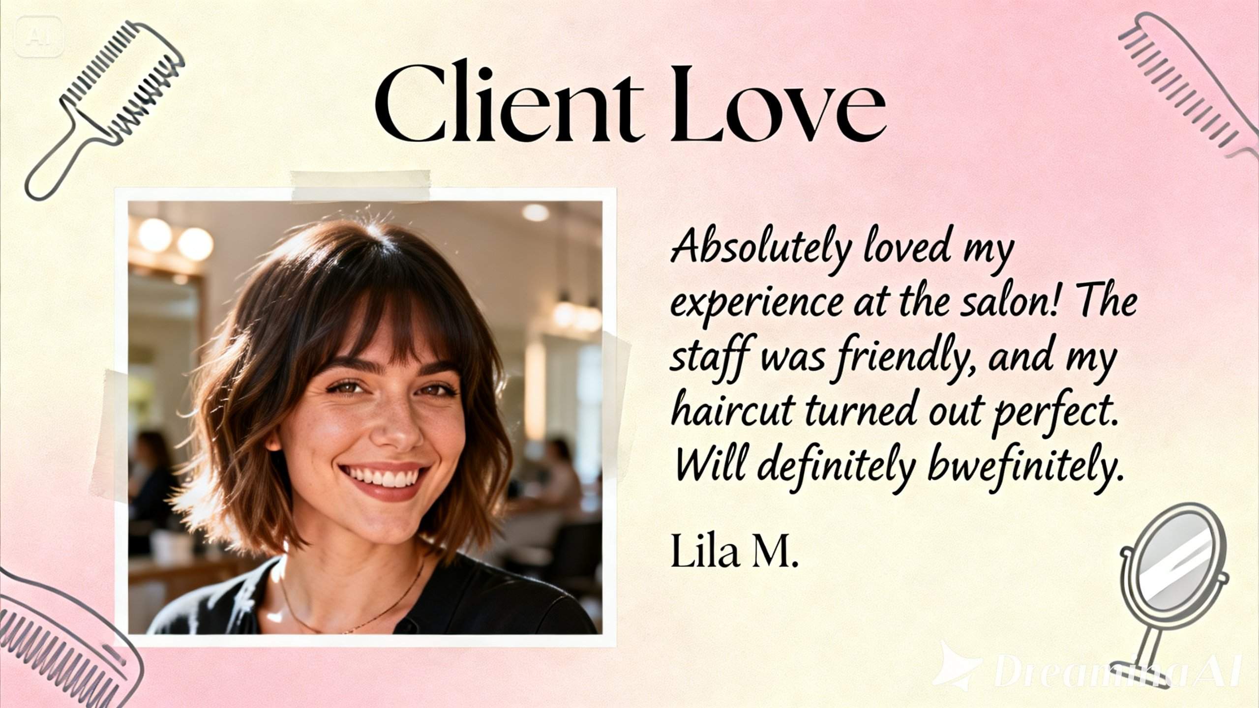 A salon poster featuring a client's review, photo, and quote