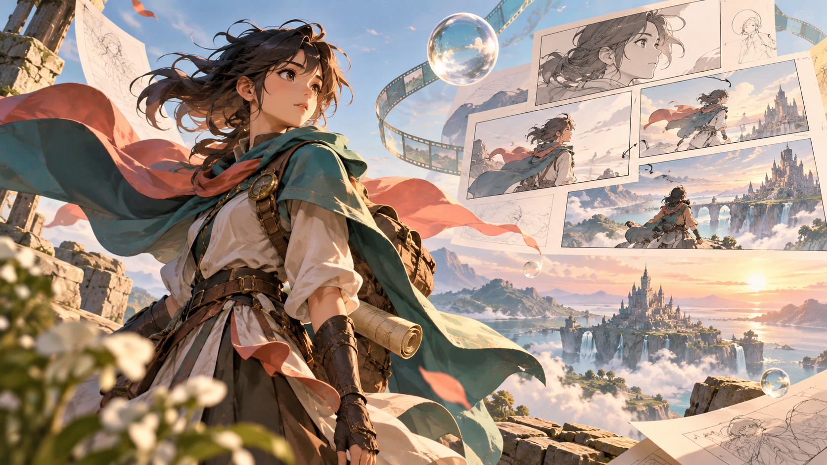An anime-style explorer beside sky-themed storyboard panels
